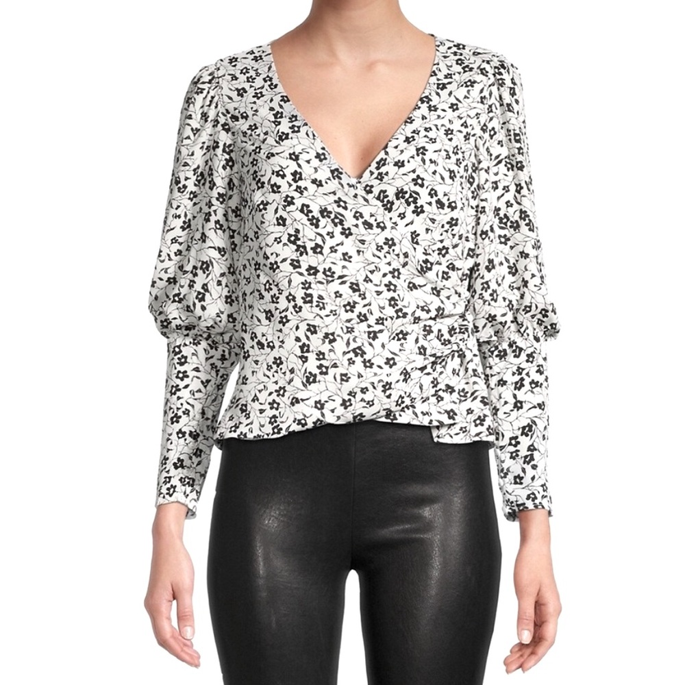 3/$25 ASTR romantic floral monochrome regency victorian puff sleeve wrap blouse